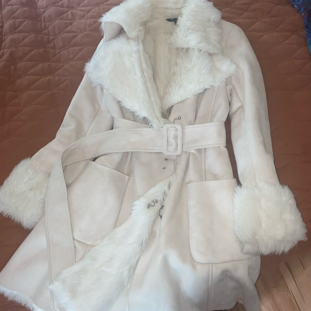Women's White Faux Fur Trim Coat
